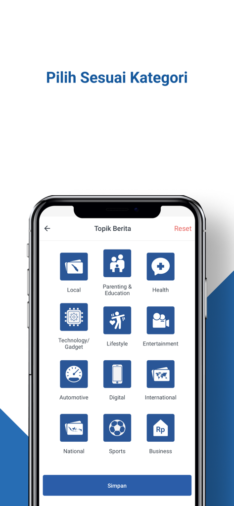 Screenshot of the Harian Analisa app news categories selection screen showing topics like Health, Technology, and Business