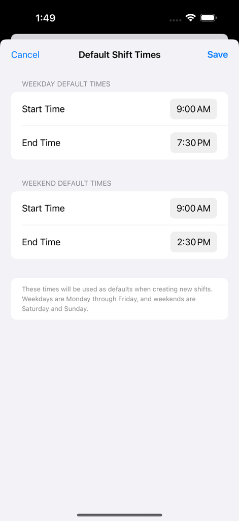 Simple Shifts - Default shift times configuration screen in the Simple Shifts app showing weekday and weekend start and end time settings.