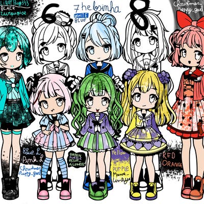 6 cute anime girls lined up