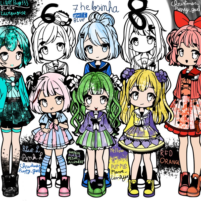 6 cute anime girls lined up