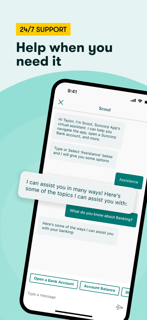 Suncorp Bank App - Suncorp Bank App interface showing 24/7 support with virtual assistant Scout in a chat window