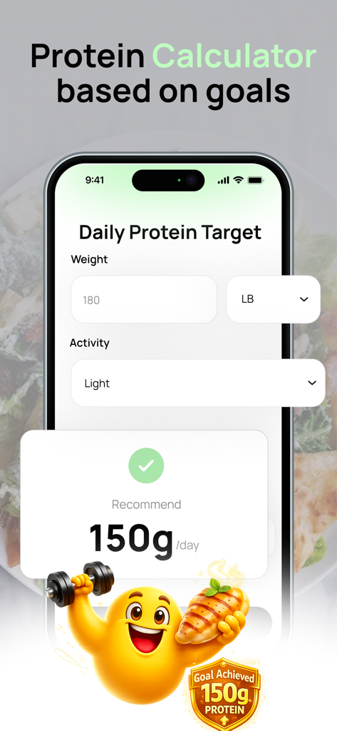 Protein calculator interface showing a recommended daily target of 150g protein based on user weight and activity level.