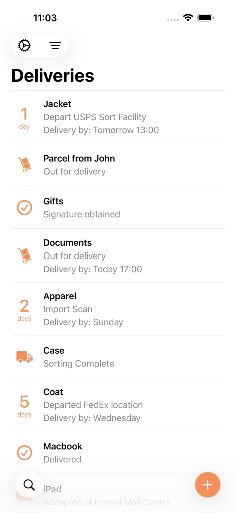 Parcel - Delivery Tracking - Interface of the Parcel delivery tracking app showing a list of packages with their current status and estimated delivery dates