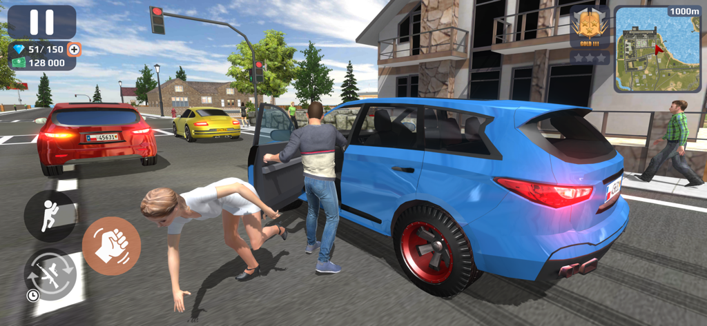 Police vs Gangster Crime City - A man carjacking a blue SUV in an open world city street