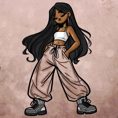 girl in baggy pants crop top and long hair