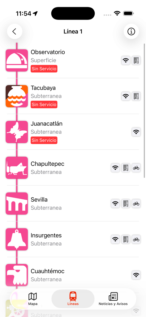 Interface do aplicativo Metro CDMX mostrando estações da Linha 1 e status do serviço
