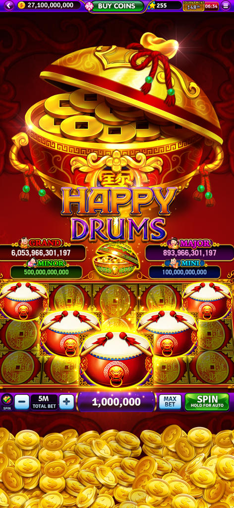 Billion Cash Slots-Casino Game - Pantalla de juego Happy Drums de Billion Cash Slots con cantidades de bote y monedas de oro