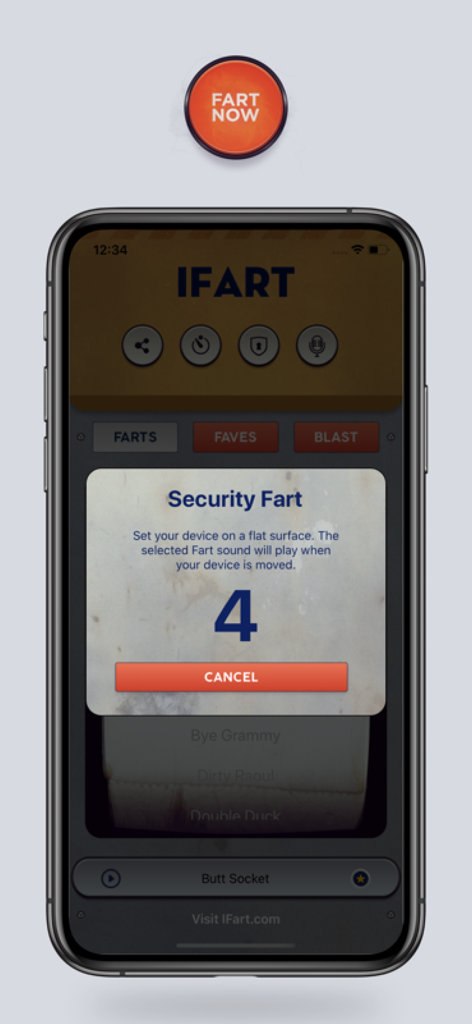 iFart - Fart Sounds App - iPhone screen showing the iFart app Security Fart motion sensor feature with a countdown timer.