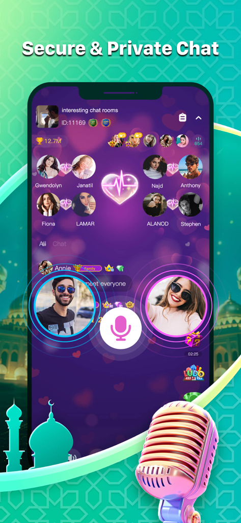 StarLite-Party&Games - StarLite mobile app screen showing a secure group voice chat room with user profiles and a microphone icon.