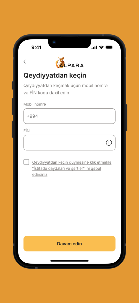 Alpara - Registration screen of the Alpara lending app on an iPhone showing mobile number and FIN code input fields