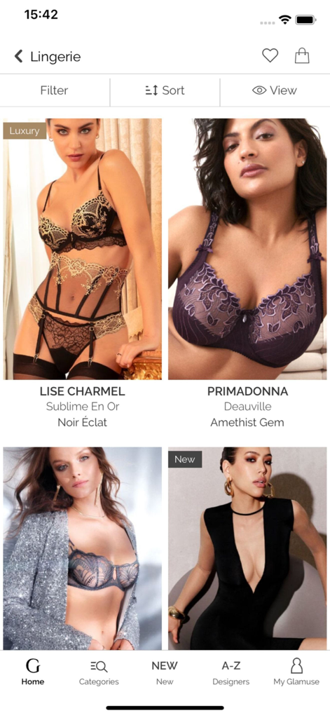 Glamuse – Lingerie - Glamuse app interface showcasing luxury French lingerie brands