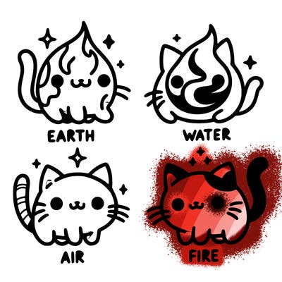 4 cats that represent the different elements, earth, water, air, and fire