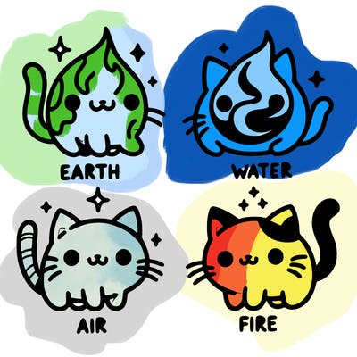 4 cats that represent the different elements, earth, water, air, and fire