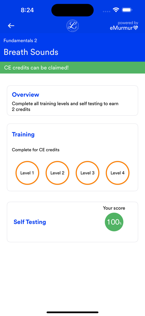 Littmann™ Learning - Littmann Learning app screen showing breath sounds training levels and testing results