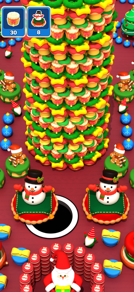 A black hole collecting holiday treats and snowmen in a Christmas-themed level of Holy Hole.