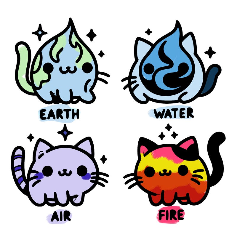 4 cats that represent the different elements, earth, water, air, and fire