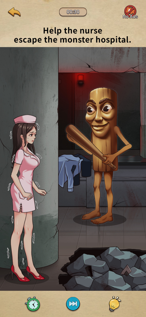 Scared nurse hiding from a wooden monster in a hospital puzzle game