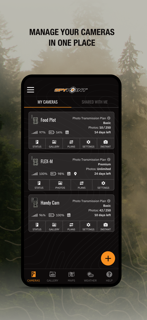 SPYPOINT app dashboard for managing multiple cellular trail cameras remotely