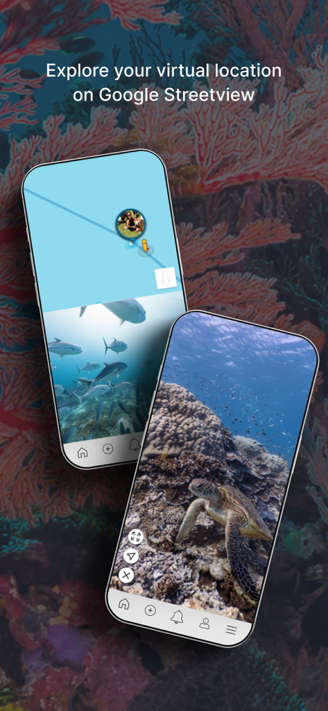 A mobile app interface displaying a virtual fitness challenge with Google Street View showing an underwater coral reef and a sea turtle.