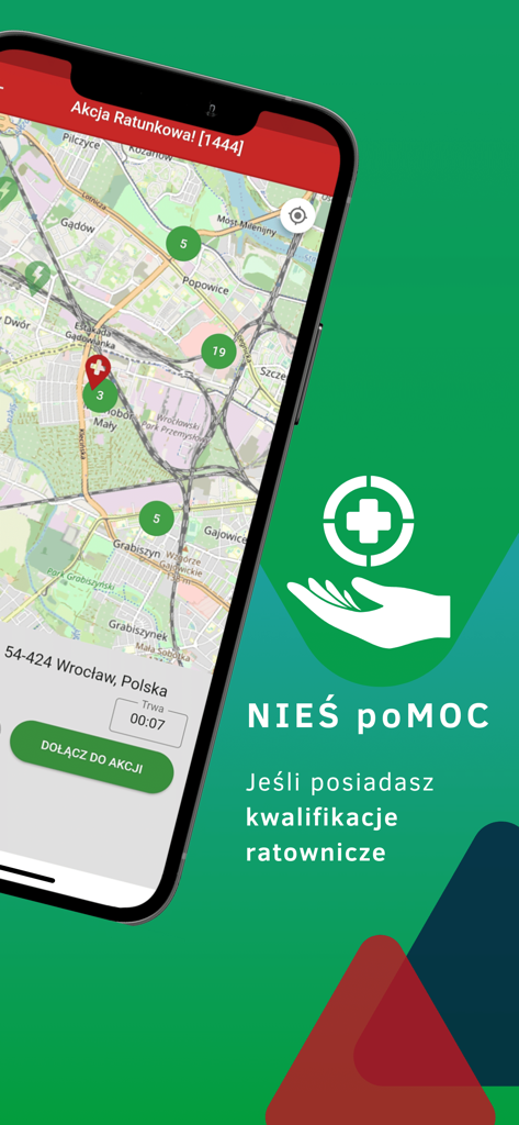 Smartphone displaying the Ratownik app map interface for emergency rescue actions and medical volunteers