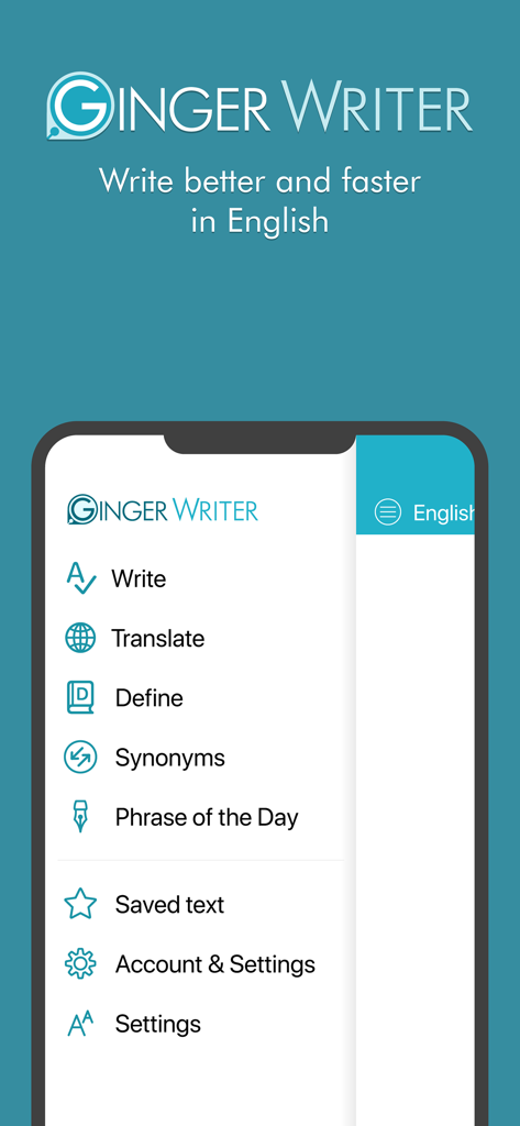 Ginger Writer - Ginger Writer mobile app interface showing menu with writing and translation tools