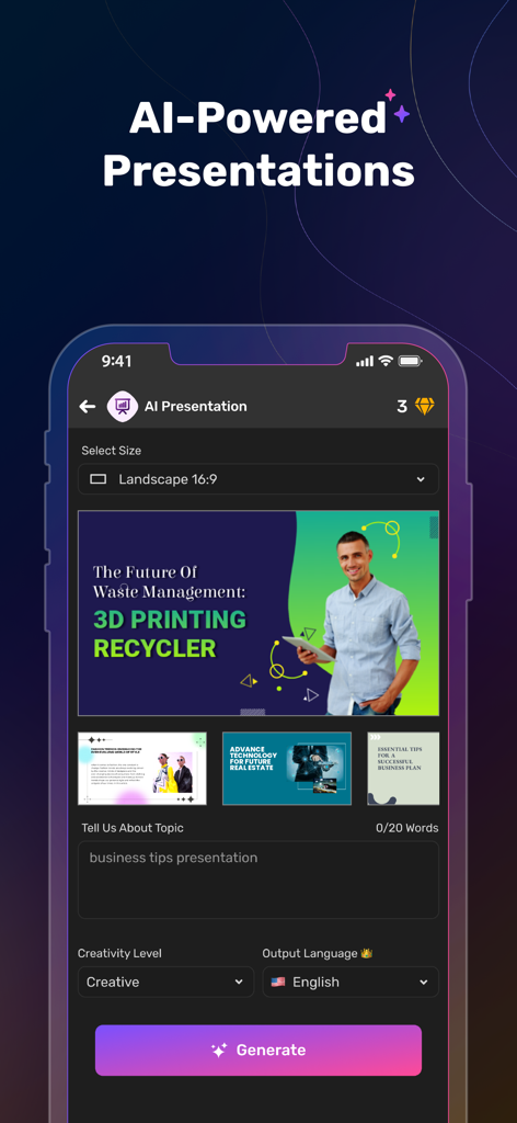 Simplified AI - Simplified AI app interface showing AI powered presentation creation features with templates and topic input