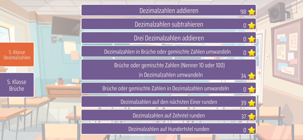 Mathe 5. Klasse - Menu selection screen for 5th grade decimal math exercises in German