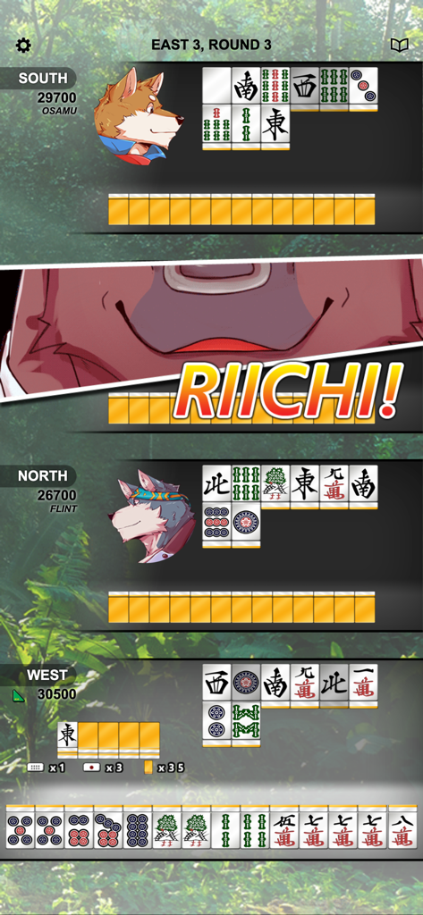 Kemono Mahjong - A gameplay screenshot of Kemono Mahjong showing a Riichi announcement and anthropomorphic animal characters