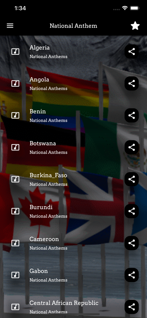 National Anthem Songs - A list of national anthems for different countries in the mobile app interface