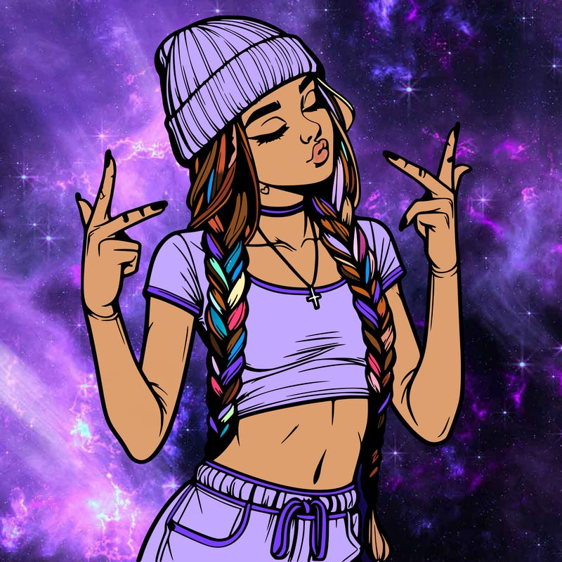 realistic teenage girl with braids and a beanie and crop top doing 🫶🏼