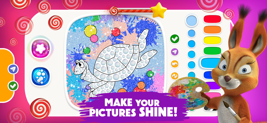 Masha and the Bear POP IT Fun - A squirrel character with a paint palette next to a glittery turtle coloring page