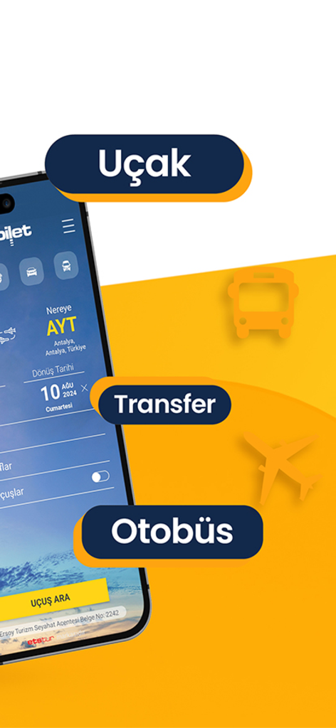 Ucuzabilet mobile app displaying flight bus and transfer booking categories