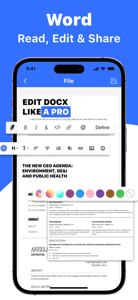 Documents - Create & Edit - App Documenti su iPhone che visualizza strumenti avanzati di modifica del testo per file Word e un modello di curriculum professionale.