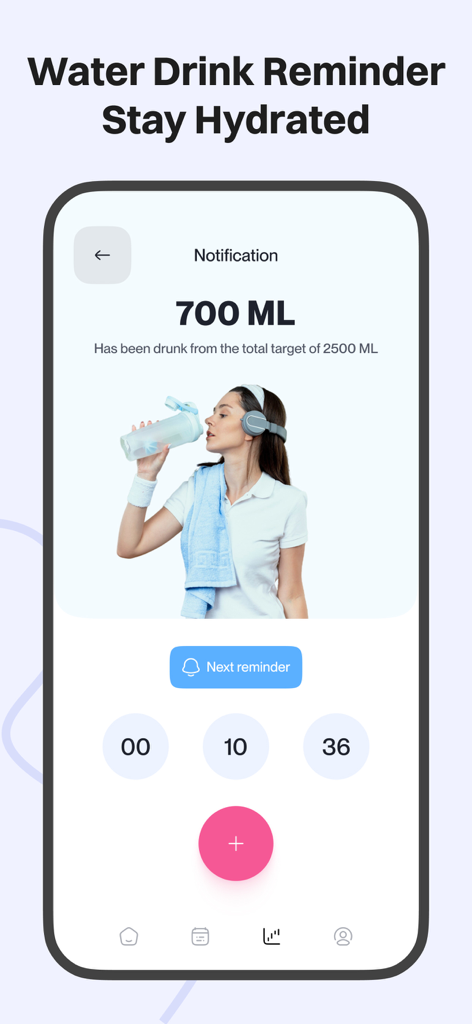 Simple Period Track +Ovulation - Interfaz de la función de recordatorio de bebida de agua en la app Simple Period Track que muestra el progreso de hidratación diario
