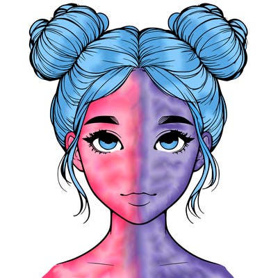 realistic girl with two buns on top of her head