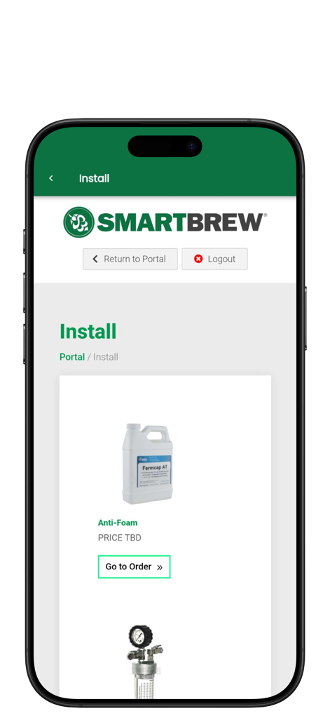 SmartBrew - SmartBrew mobile app interface showing commercial brewing parts and an order button