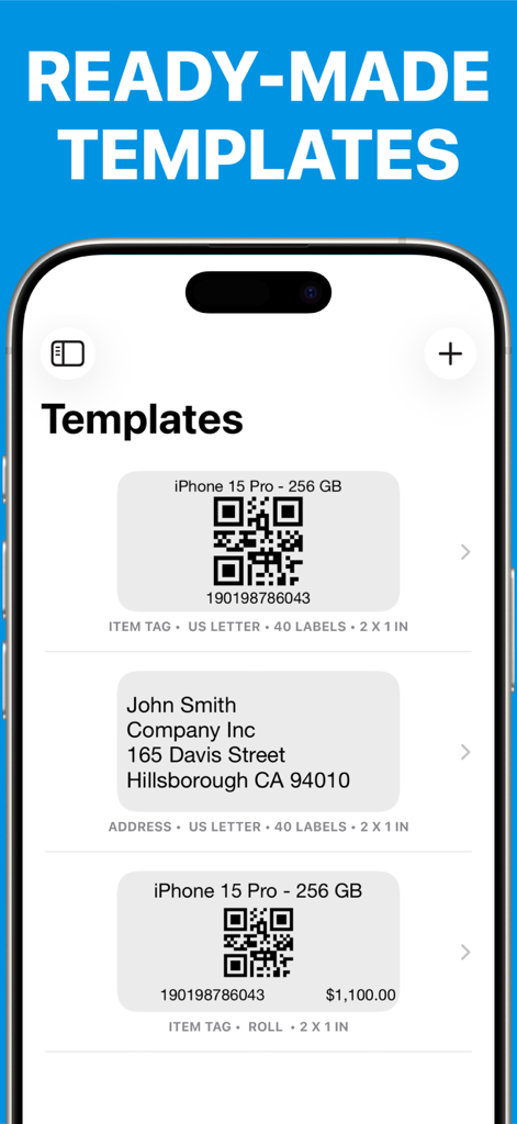 Oberfläche, die Barcode- und Adressetikettenvorlagen in der Label Maker App zeigt.