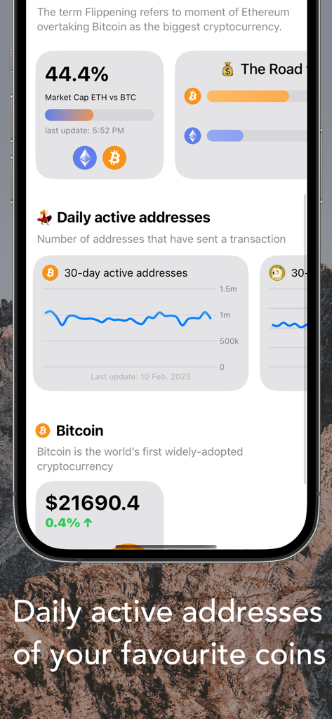Crypto Widget Toolkit - Crypto analytics dashboard showing Ethereum versus Bitcoin market cap and daily active addresses charts