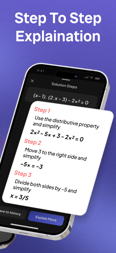 Ghelper: AI Study Companion - Smartphone screen showing a step by step math problem solution in the Ghelper app