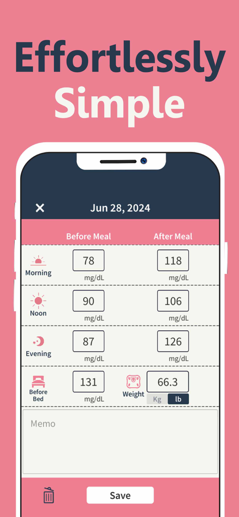 Blood Sugar Tracker & Log (AI) - Interfaz de la aplicación móvil que muestra registros diarios de azúcar en sangre para lecturas matutinas, del mediodía y vespertinas, junto con el seguimiento del peso