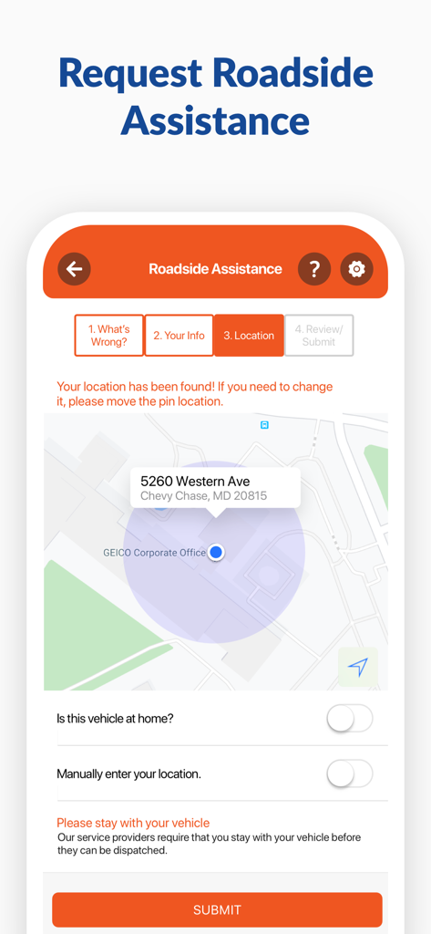 GEICO Mobile - Car Insurance - GEICO Mobile app roadside assistance screen showing a map for location selection.