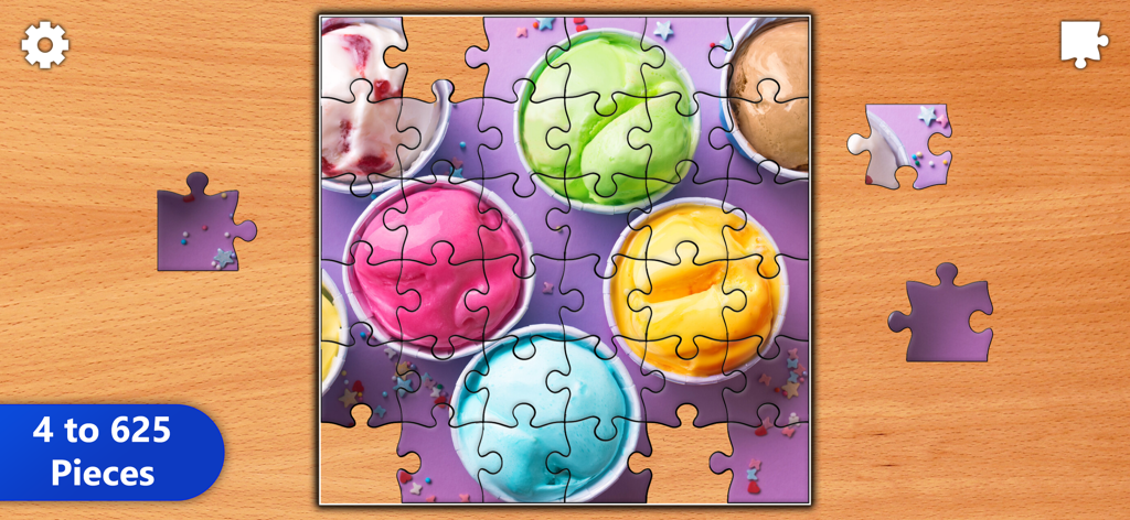 Jigsaw Puzzles Epic - A colorful ice cream jigsaw puzzle with difficulty settings ranging from 4 to 625 pieces.