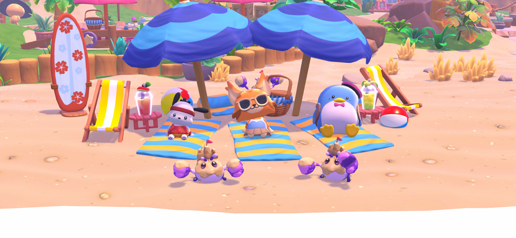 Hello Kitty Island Intro - Personajes de Sanrio y avatares personalizados relajándose en una playa tropical con sombrillas y tablas de surf