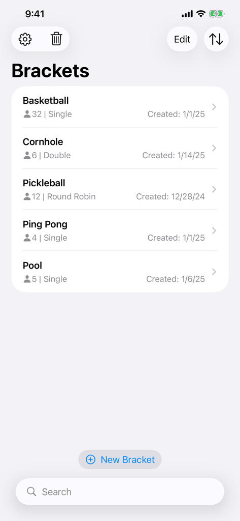 Bracket Builder - A list of saved tournament brackets for various sports in the Bracket Builder app