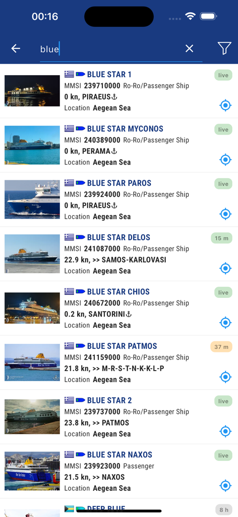 A list of real-time ship search results in the MyShipTracking app showing vessel details and photos