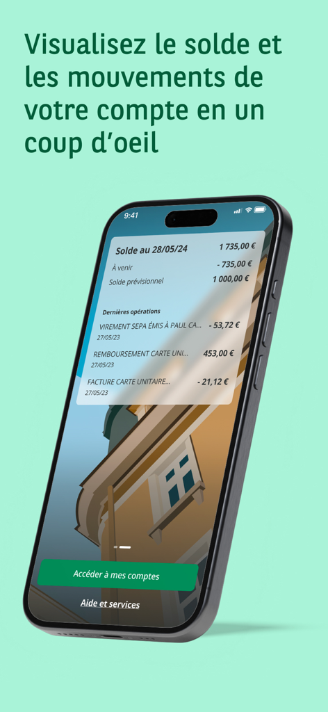 Interface de l'application BNP Paribas Mes Comptes affichant le solde du compte et les transactions récentes