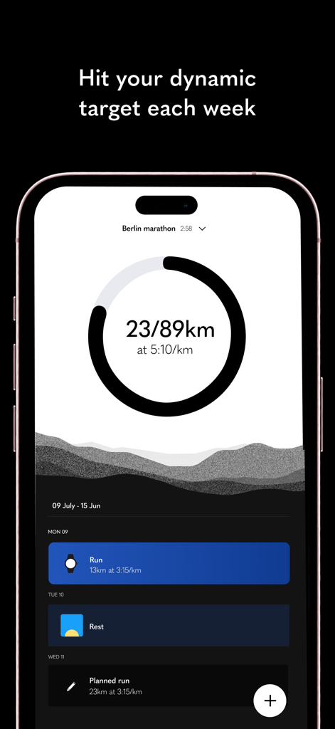Kaizen | Data-Driven Running - Smartphone screen showing Kaizen app interface with a circular progress bar for a dynamic weekly running distance target and a training schedule