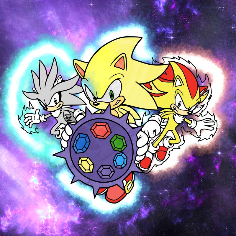 super sonic super silver, and super shadow with the chaos emeralds but remember there is only seven chaos emeralds