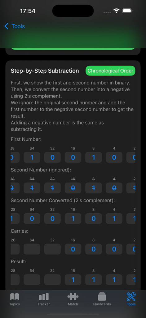 CS Master - Step by step binary subtraction walkthrough using twos complement in the CS Master app