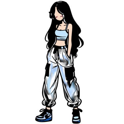 girl in baggy pants crop top and long hair